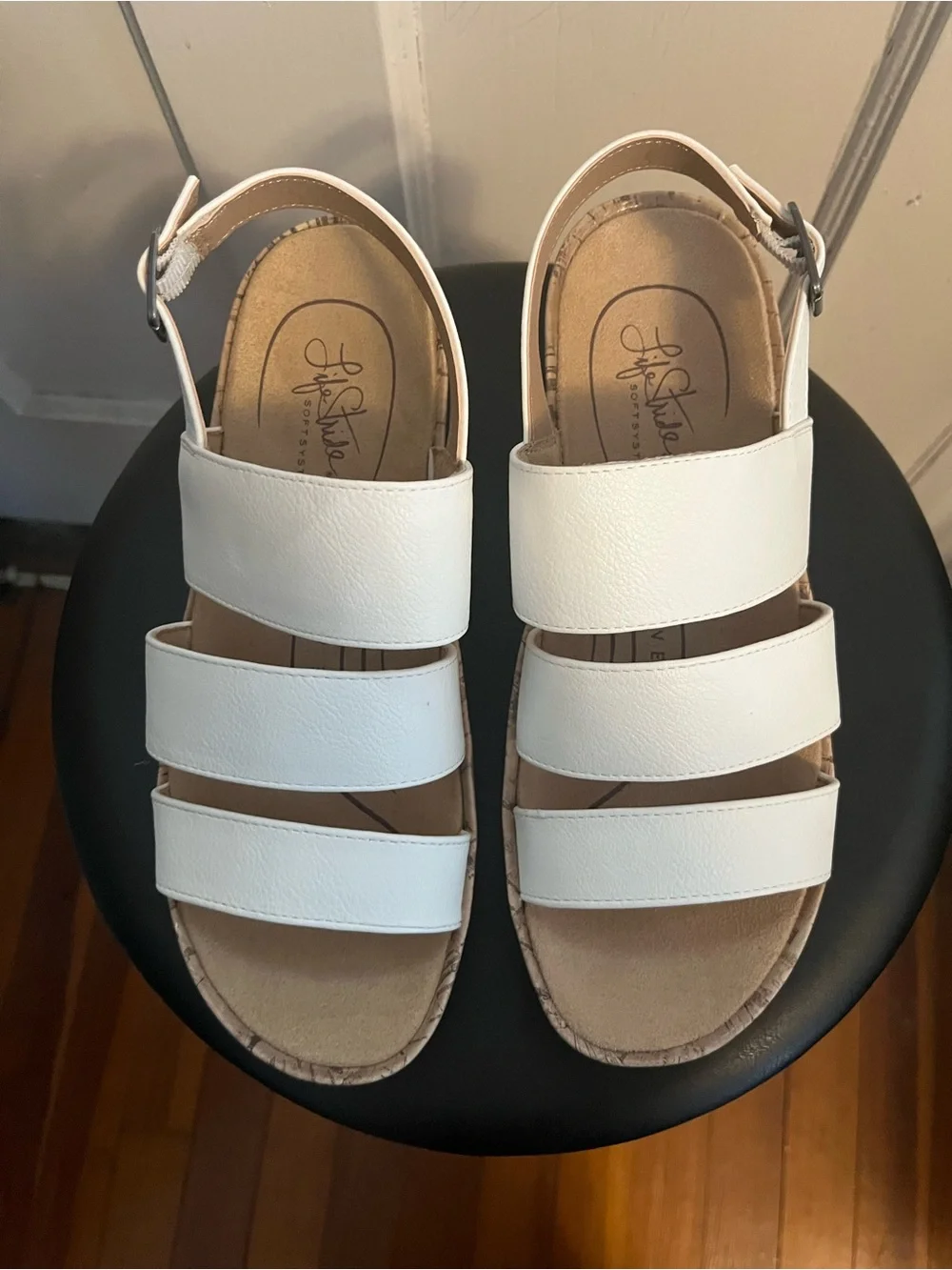 New Women’s Life Stride White Strappy Cork Wedge Sandals